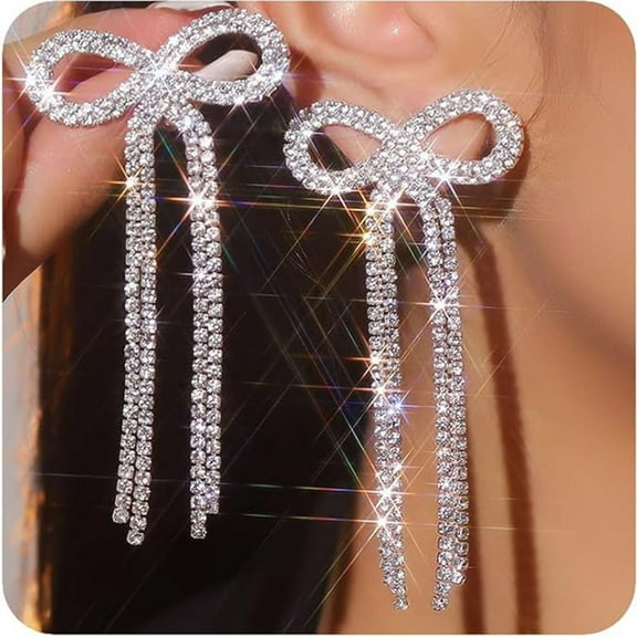 Bow Earrings for Women Rhinestone Long Tassel Earrings Sparkly Crystal Dangle Earrings Bridal Silver Bow Jewelry Gifts