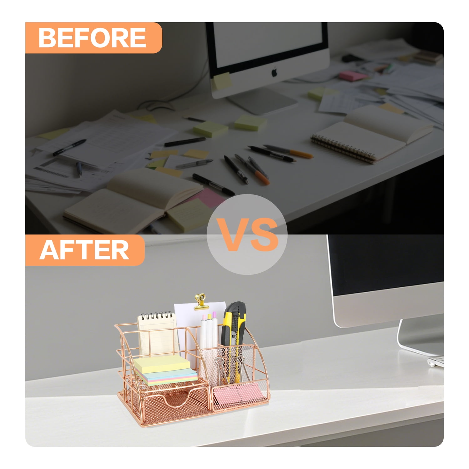 Rose Gold Desktop Organizer - Metal File Holder & Office Supply Rack - Multifunctional Storage for Stationery, Mail, Cosmetics - Compact Design for Home Office & Workspace