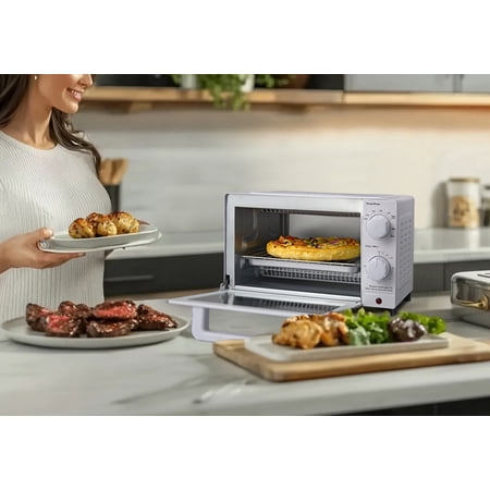 Mainstays 4 Slice Countertop Toaster Oven with 3 Settings, Includes Baking Rack and Pan, Arctic White, New