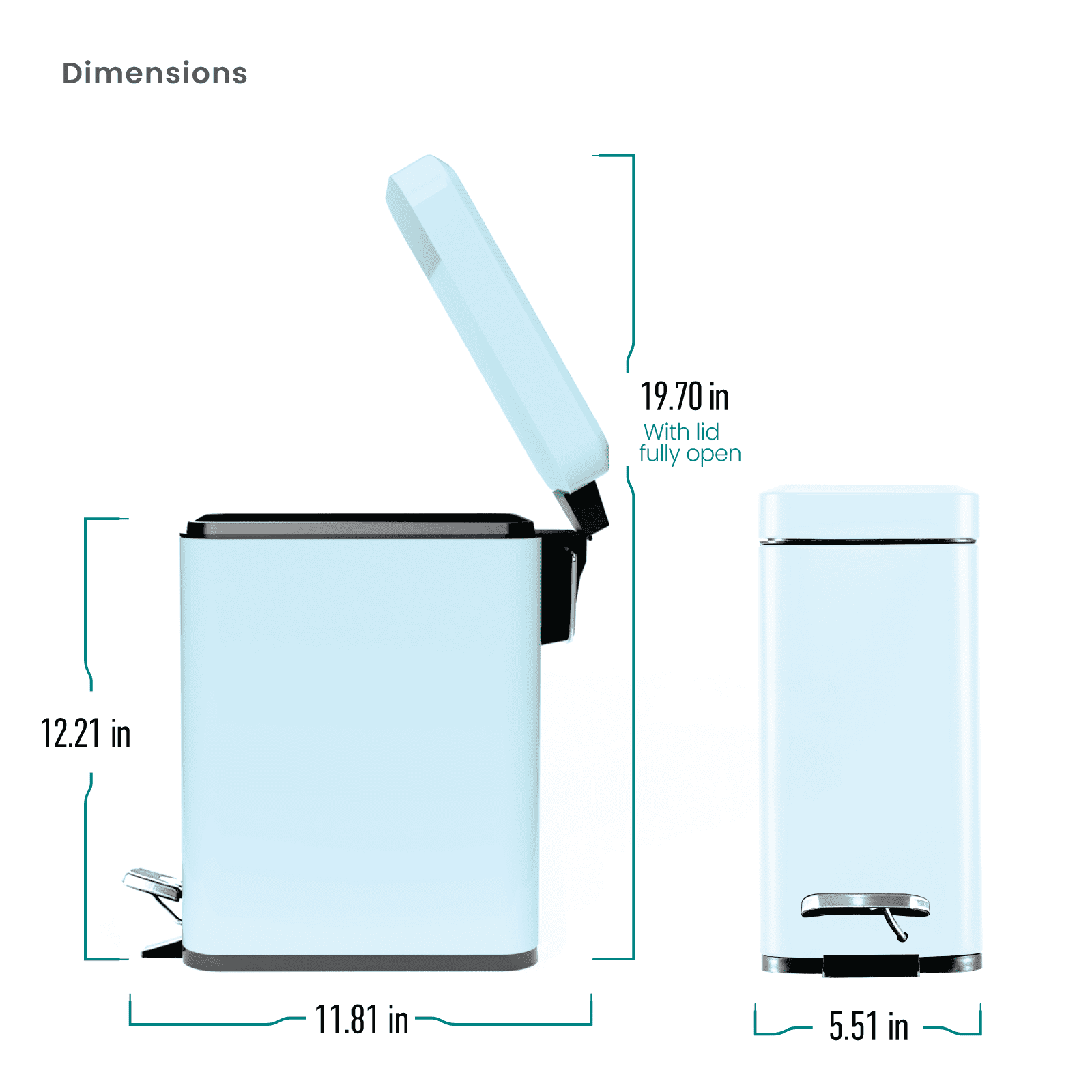 Home Zone Living 1.3 Gallon Slim Stainless Steel Trash Can with Step-On Pedal and Slow-Closing Lid, Powder Blue