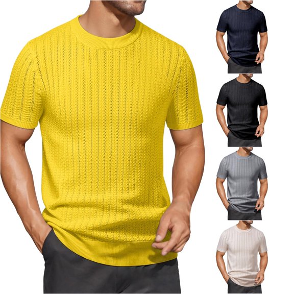 ZXLBBD Men's T-Shirts Ribbed Short Sleeve Knitted Sweater Solid Color Crew Neck Pullover Top Loose Fit Work Business Summer Outdoor Tshirt,Yellow,M