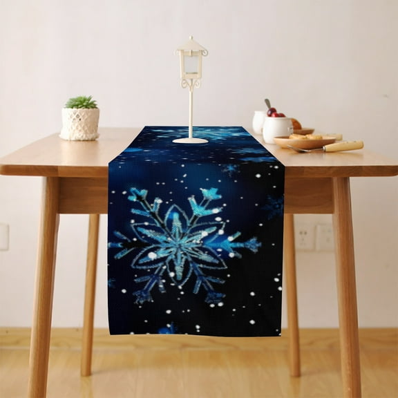 Christmas Snowflakes Blue (1) Table Runner, Seasonal Fall Winter Kitchen Dining Table Decoration for Home Party Decor 13x72 Inch