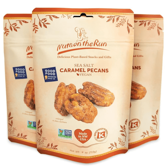Nuts on the Run Sea Salt Caramel Pecan Pralines – Candied Pecans with Salted Caramel - Vegan, Gluten-Free, Kosher, Non-GMO Glazed Pecans – 4oz (Pack of 3 Pouch Bags) Handmade Snacks