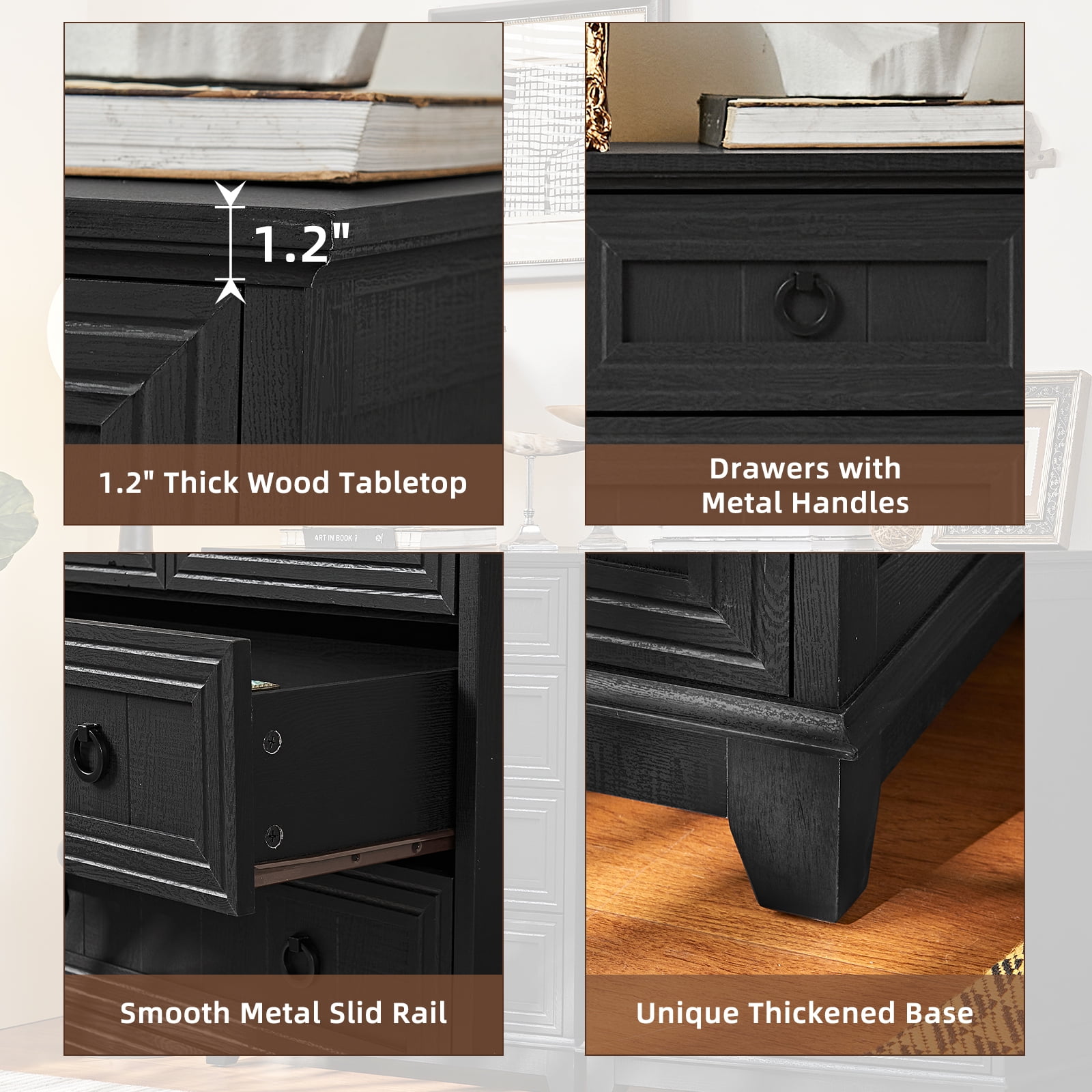 Farmhouse 5 Drawers Dresser for Bedroom with Smooth Metal Rails, Vertical Wood Dresser with Deep Drawers, Chest of Drawers for Bedroom, Black