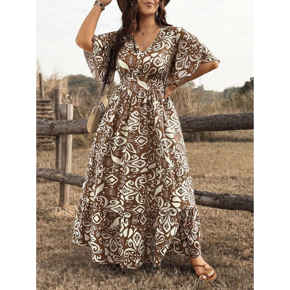 Coffee Brown Womens Boho Maxi Dress V Neck Shirred Waist Half Puff Sleeves Flounce Hem