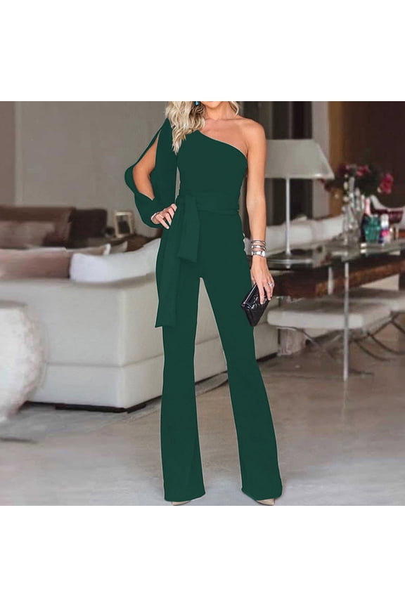 Jumpsuits for Women Dressy Wedding Rompers for Women Long Sleeve One Shoulder Overall Band Collar Solid Onesie Strappy One Piece Outfits Casual Long Pants Summer Romper Ankle Length Trousers