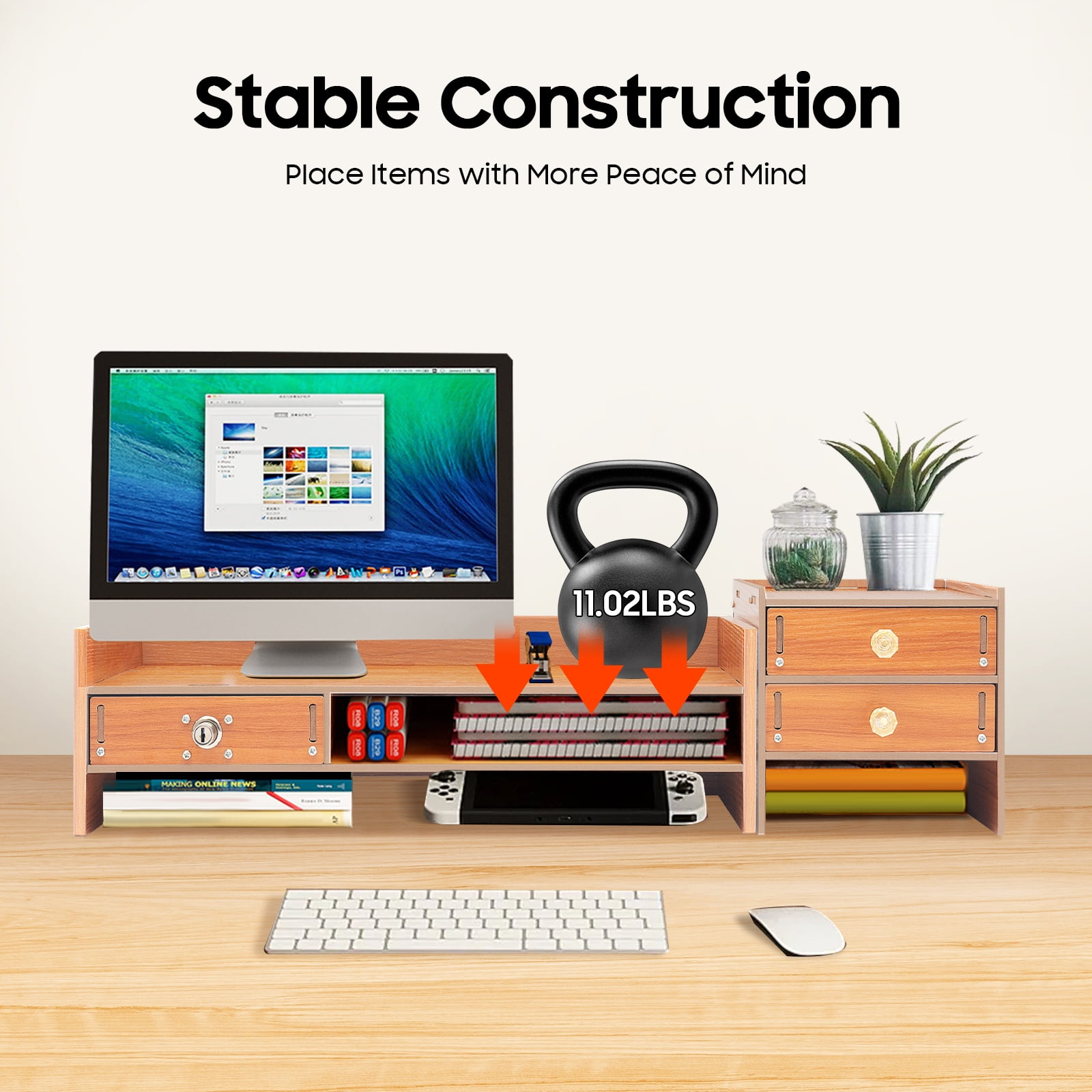 Desktop Storage Organizer with Lockable Drawer, Phone Holder & Keyboard Space, Ergonomic Monitor Riser for Office & Home