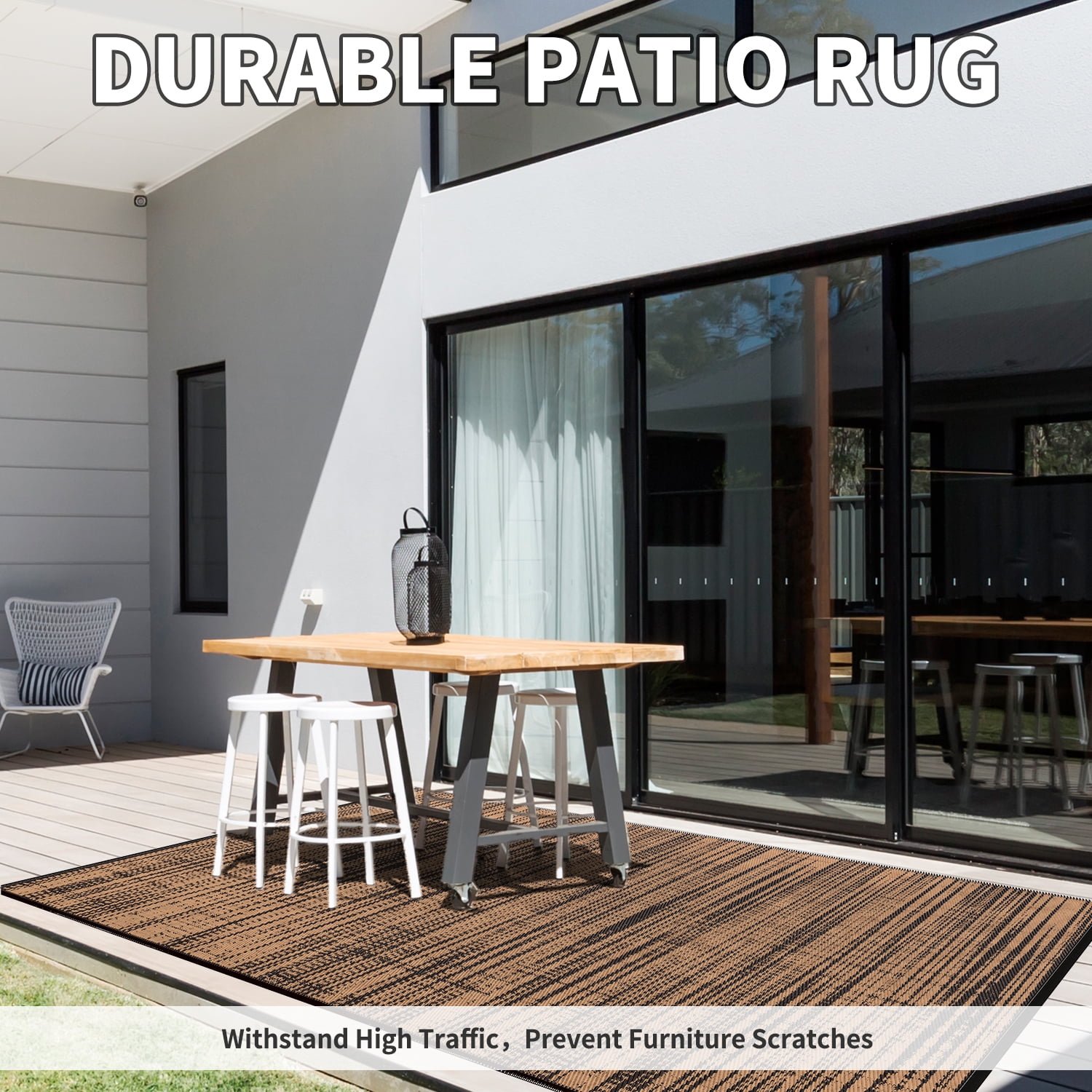 VUNATE Outdoor Rug Carpet 6'x9' Waterproof Reversible Patio Rug Portable Modern Abstract Indoor Outdoor Rug Plastic Straw Rug for RV Camping Garden Picnic Deck Backyard Porch Decor Black and Brown