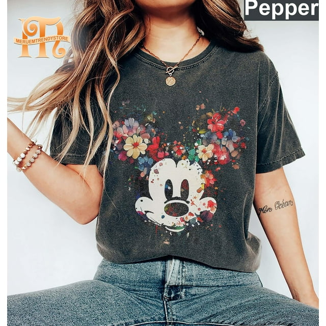 Chemise Rétro à Fleurs Mickey Mouse Confort Couleurs, Chemise Fleur Disney pour Femmes, Disney Fleur T - comme sur l'Image - 4TG