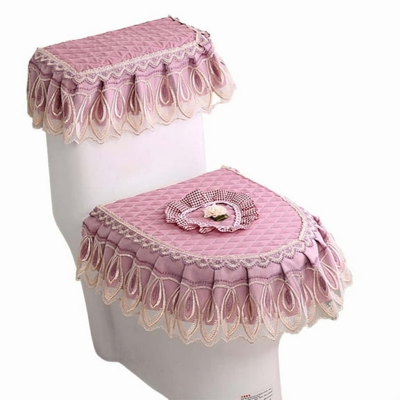 3-Piece Luxury Toilet Cover Set - Anti-Dust Toilet Lid & Seat Covers with Lace Trim, Non-Slip Elastic Edging for Standard Toilets, Soft Bathroom Decor