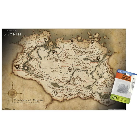 The Elder Scrolls V: Skyrim - Map Wall Poster with Push Pins, 14.725" x 22.375"