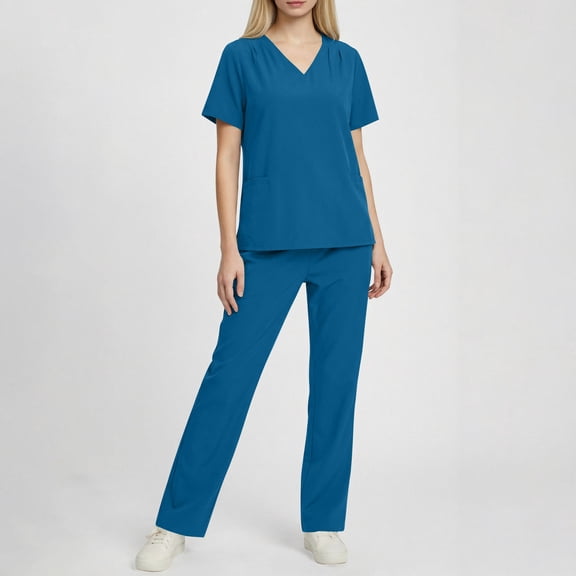 Kctiaxy Scrubs for Women Set Solid Color Short Sleeves V-Neck Blouses with Double Pockets & Elastic Waist Straight Leg Scrub Pants Nursing Uniform Set