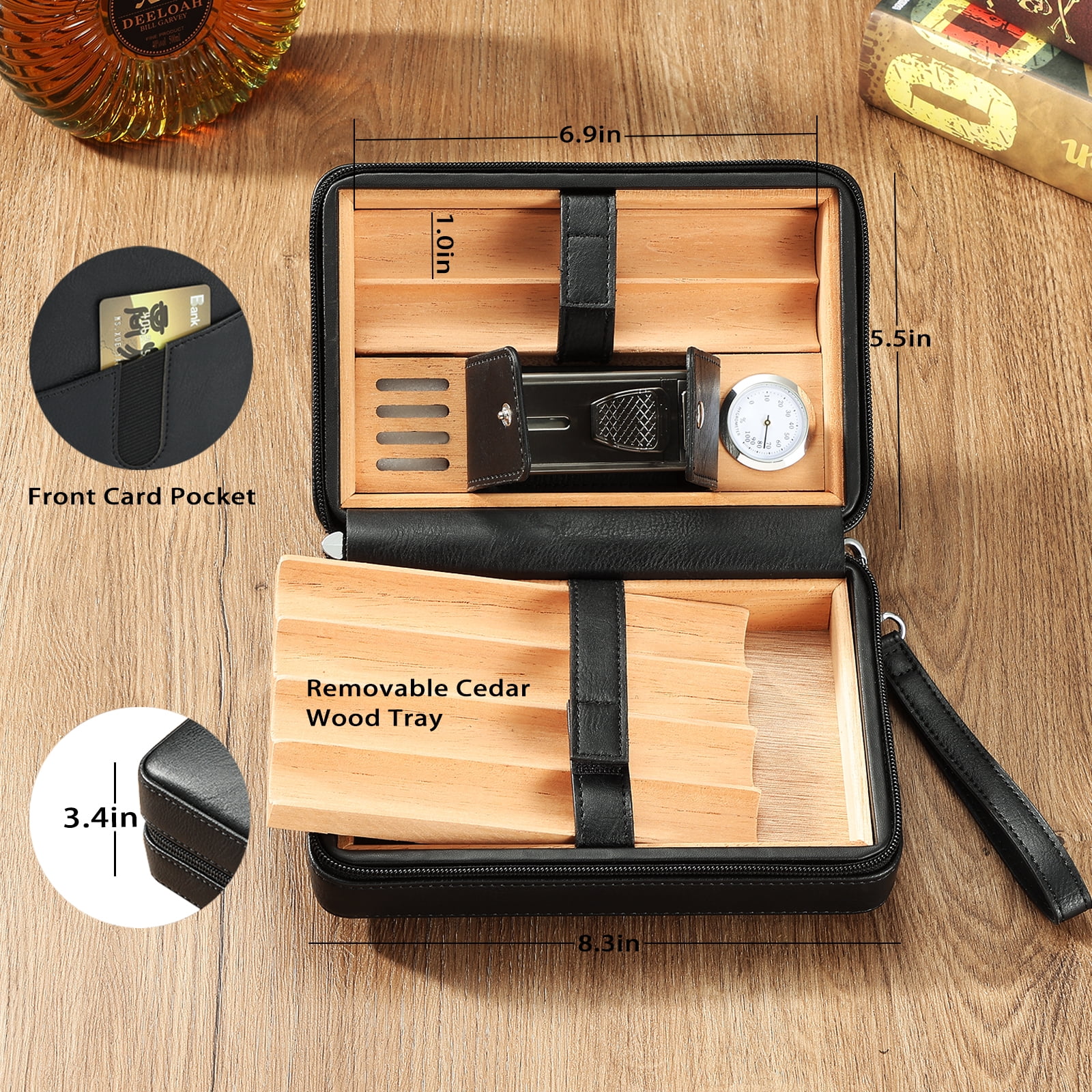 Portable Leather Cedar Wood Cigar Case with Double Jet Flame Lighter
