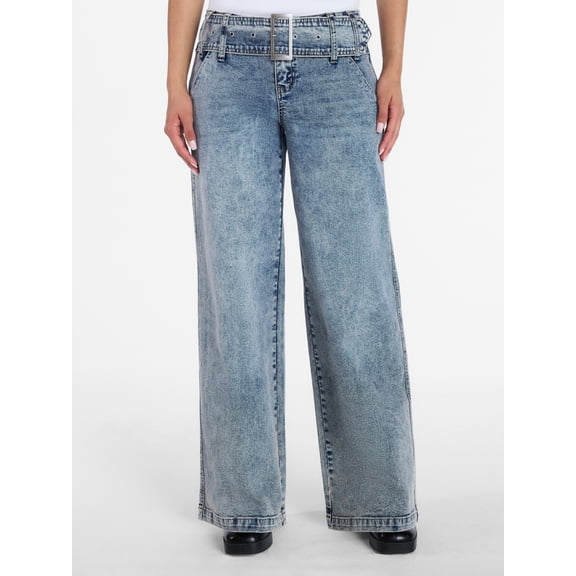 Madden NYC Wide Leg Jeans with Grommet Belt, 31.5” Inseam, Sizes 00-18