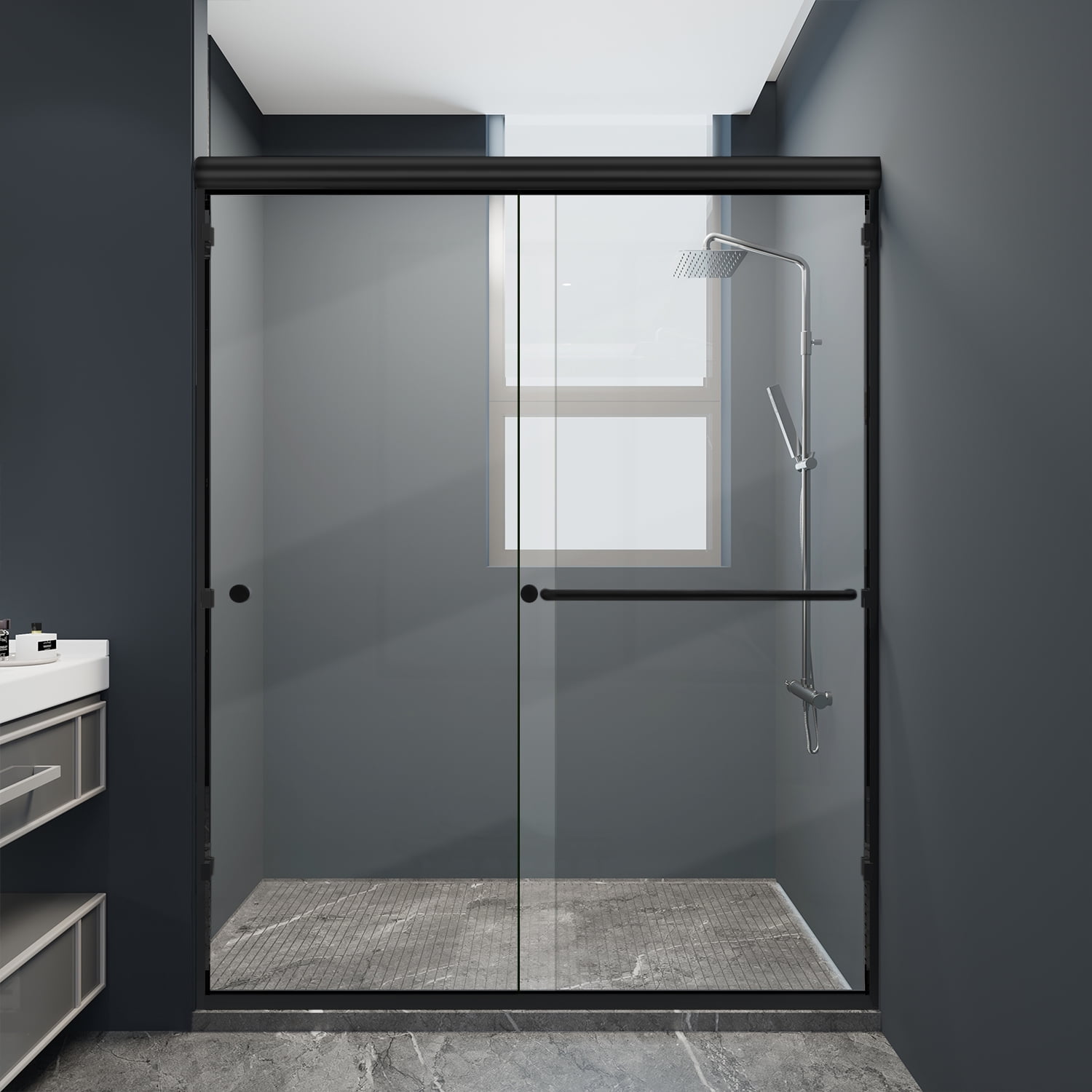 Raffle Pinker Sliding Shower Door Semi-Frameless Bathroom Tub Door 60" W x 72" H with Clear Glass, Black Frame