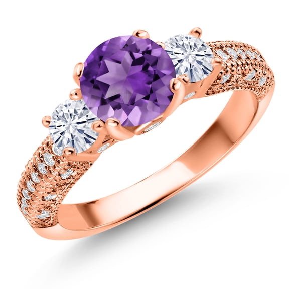 Gem Stone King 18K Rose Gold Plated Silver Purple Amethyst and White Moissanite Engagement Ring for Women (1.74 Cttw, Gemstone February Birthstone, Round 7MM and 4MM, Size 5)
