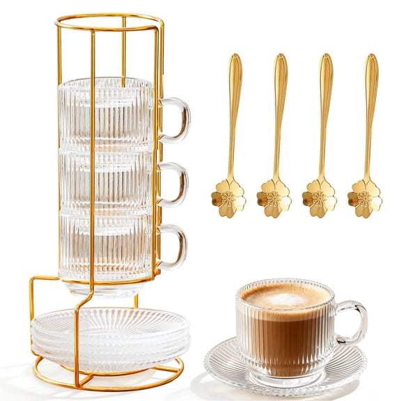 5.4 oz Espresso Cups Set of 4, Clear Glass Coffee Cups with Saucers Spoons and Cup holder, Stackable Small Cup for Espresso, Latte, Cappuccino, Tea (Transparent stripes)