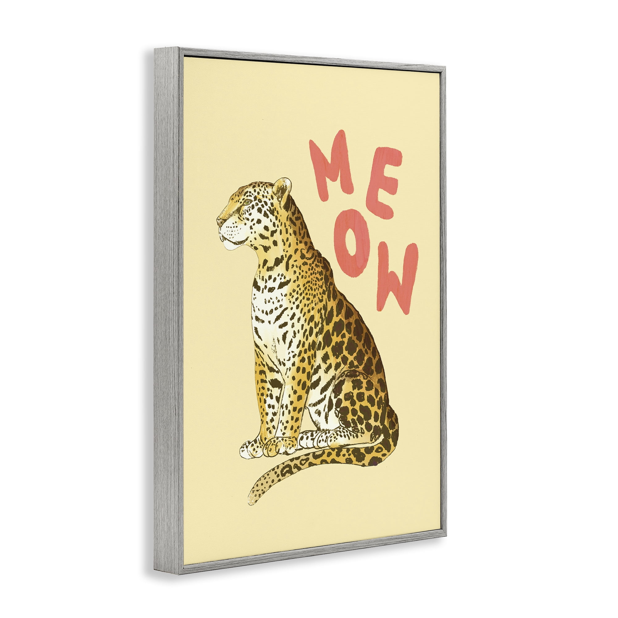 Stupell Industries Meow Leopard on Yellow Gray Framed Giclee Art, design by Florentina Dolci