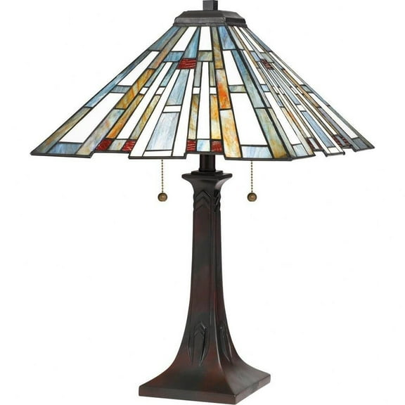 2-Light Craftsman Tiffany Table Lamp Pillar Style Bronze Base with Geometric Art Glass Panel Shade 16 inches W X 24.75 inches H Bailey Street Home