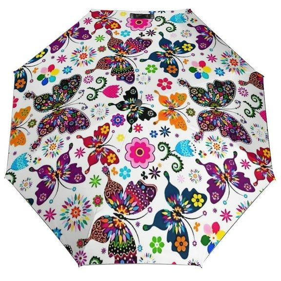 Floral Colorful Flowers Butterfly Umbrella for Rain - Portable, Double Layer Automatic Folding Umbrella UV Protection for Rain Car Travel Outdoor Men Women