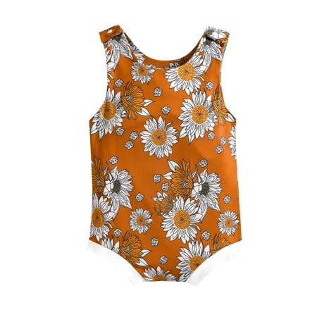 

Frobukio Toddler Infant Baby Girls Romper Sleeveless Crew Neck Sun Flower Print Button Closure Summer Bodysuit Orange Sunflower 3-6 Months