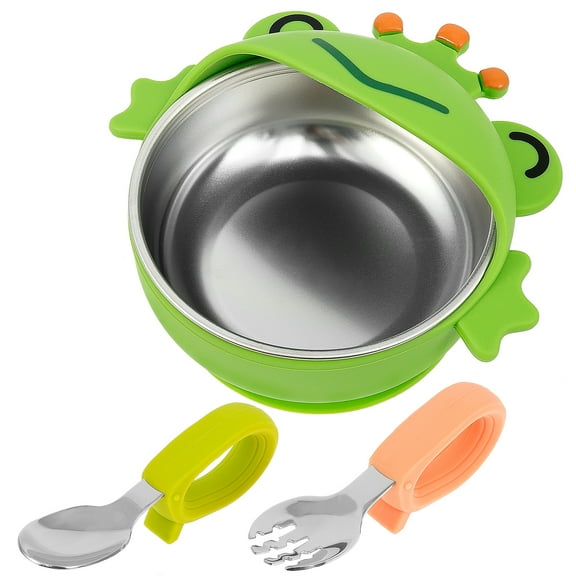 Ikoopy 5.51X5.71X3.15in Baby Suction Bowl Anti Scald Toddler Suction Bowl with Fork and Spoon Multifunctional Baby Plate for Children Infant Boy Girl Green