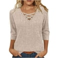 thumbnail image 2 of BiZtdJrK 3/4 Sleeve Tops for Women Ribbed Knit Fall Sweaters Dressy Crossover V Neck Pullover Blouse Going Out Tunic, Beige, XL, 2 of 8