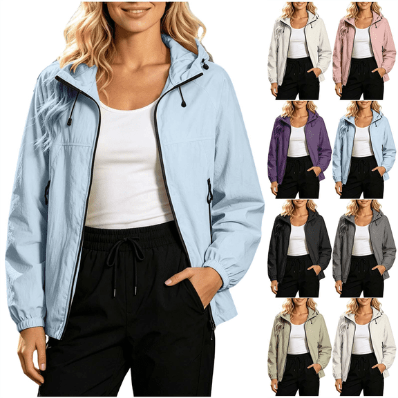 Womens Lightweight Jackets Long Sleeve Zip Up Hooded Windbreaker Solid Color Loose Fit Casual Outdoor Hiking Jacket