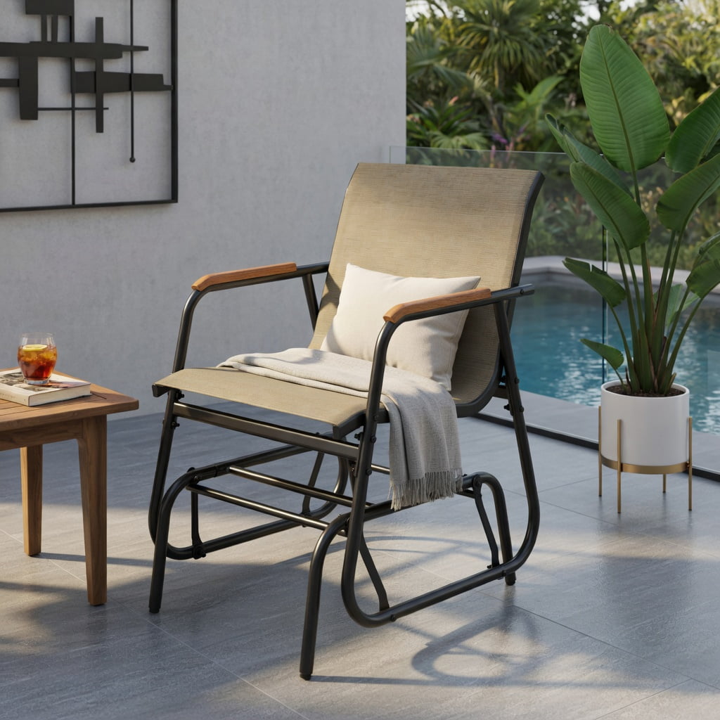 Hommoo 2-Piece Outdoor Glider Chair Set with Teak Wood Armrests, Breathable Fabric Seats & Sturdy Metal Frame for Patio, Porch, or Poolside, Brown