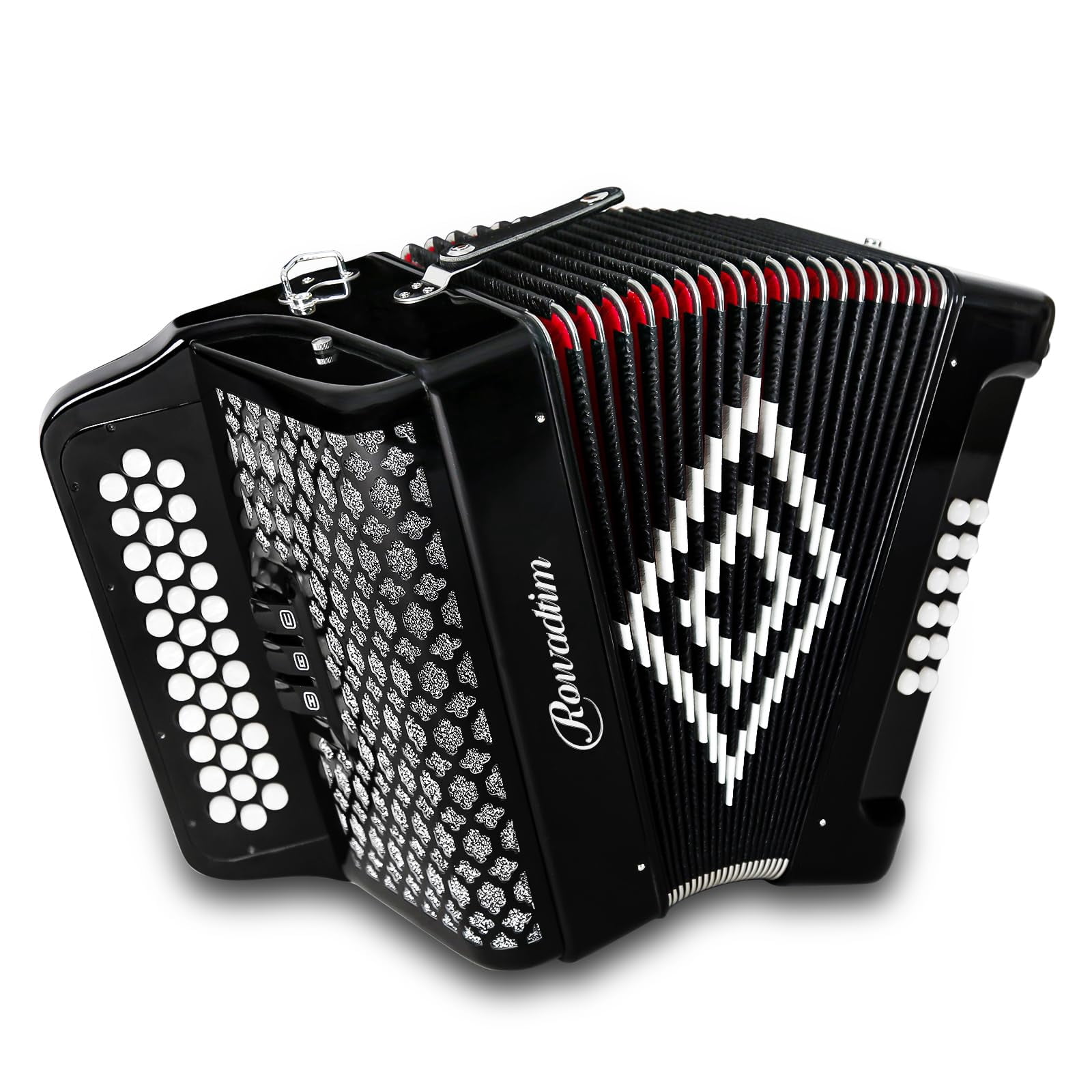 Rowadtim 34-Key Diatonic Accordion, 12 Bass Buttons, F/B/E Tuning, Push-Pull Heterophonic Design. Black Professional Beginner Accordion for Stage Performance, Practice, Ensemble Play & Music Training