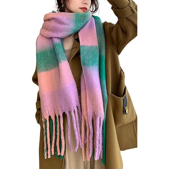 Winter Women Warm Scarf Long Shawl Large Scarves Cold Weather Thick Blanket Scarfs Colorful Plaid Purple Grass Green