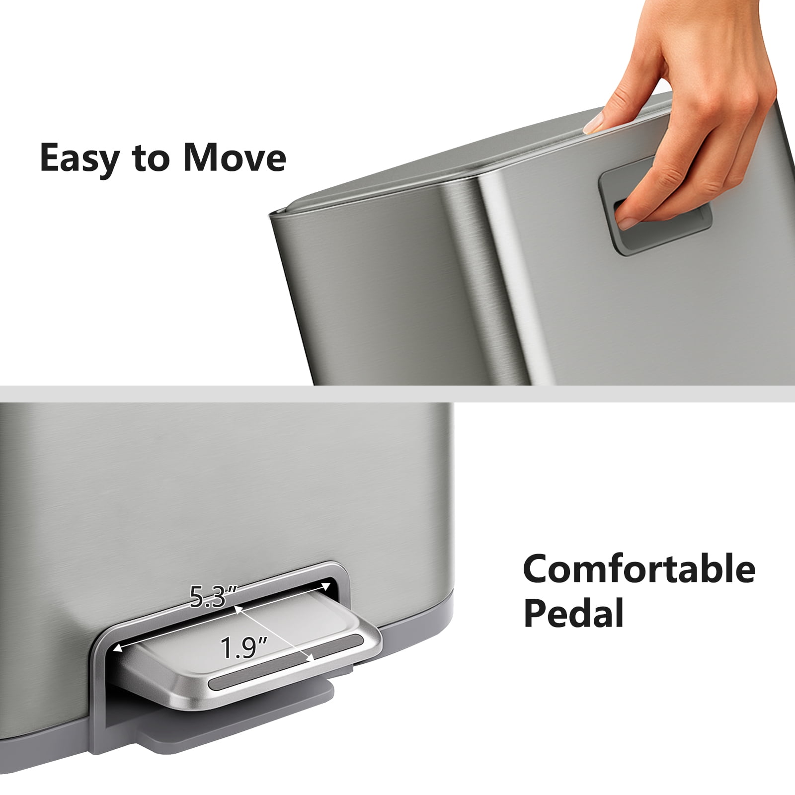 mVm Stainless Steel Trash Can, 5.3 Gal Trash Can with Lid, Smooth Edge Step Garbage Bin for Home Kitchen Office (Tin)