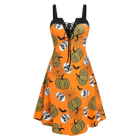 Rosegal Women's Plus Size Lace Up Pumpkin Print Halloween Dress