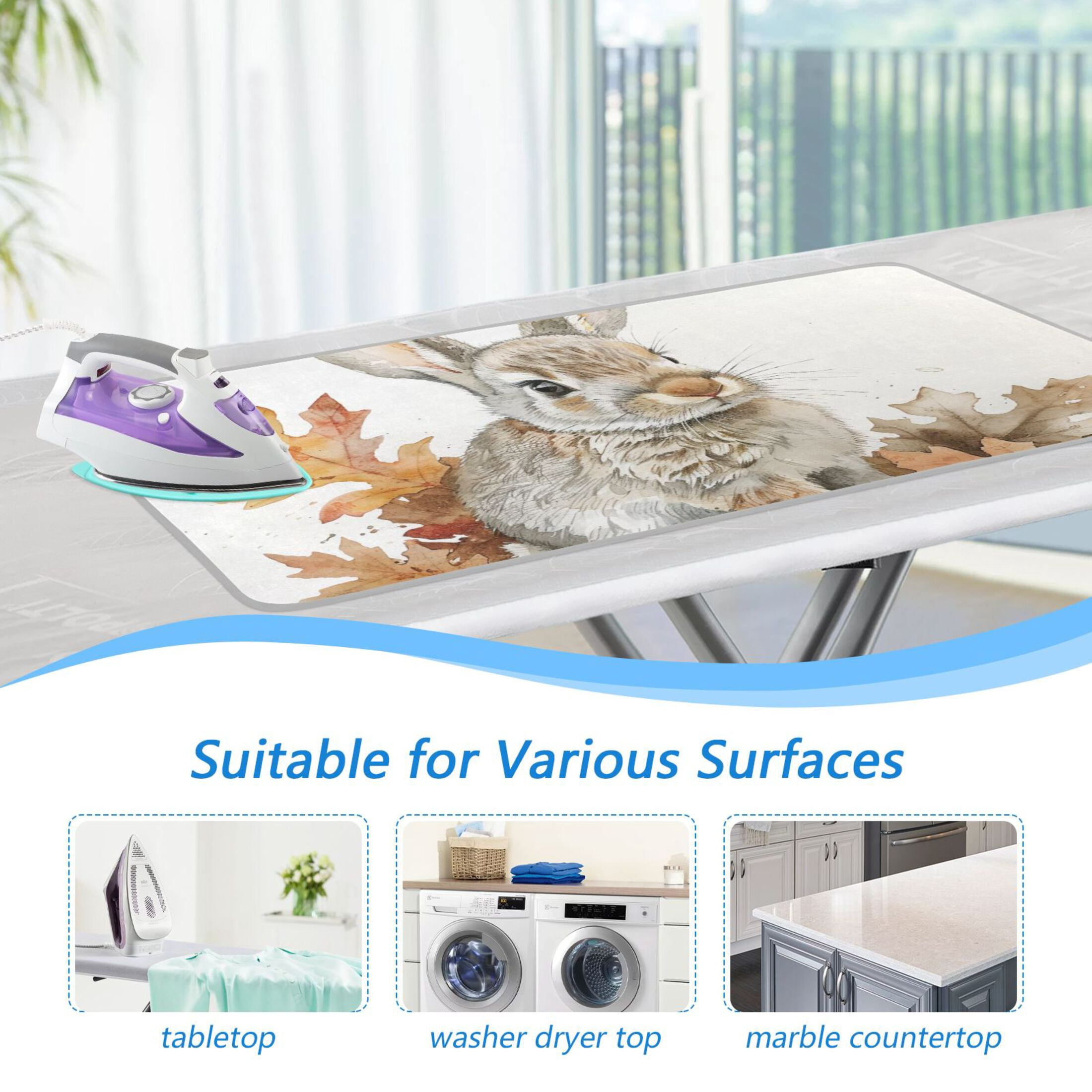 Rabbit and Leaves Ironing Board Covers Heat Resistant Ironing Pad Mat Portable for Travel Washer Dryer Table