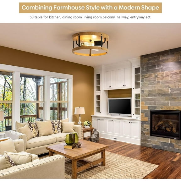 TRA-2-Light Industrial Flush Mount Ceiling Light Fixture, Wood Finish Farmhouse Ceiling Light Fixture,Modern Flush Mount Light Fixture for Kitchen Bedroom Living Room Hallway 1 Pack