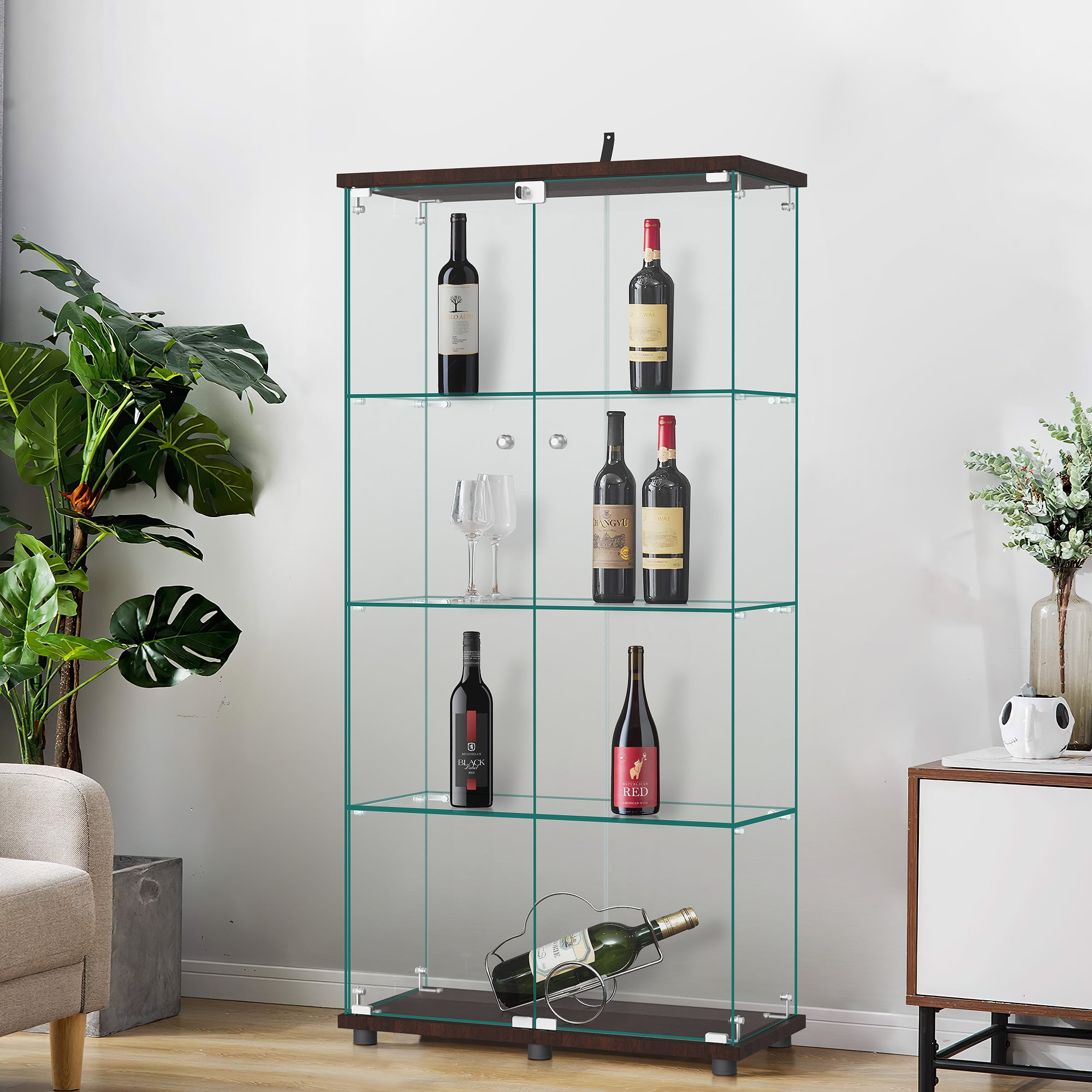 MAYEERTY 4-Tier Glass Display Cabinet with Double Door, Curio Cabinet Collection Showcase, Brown, 64.5"x32"x14.4"