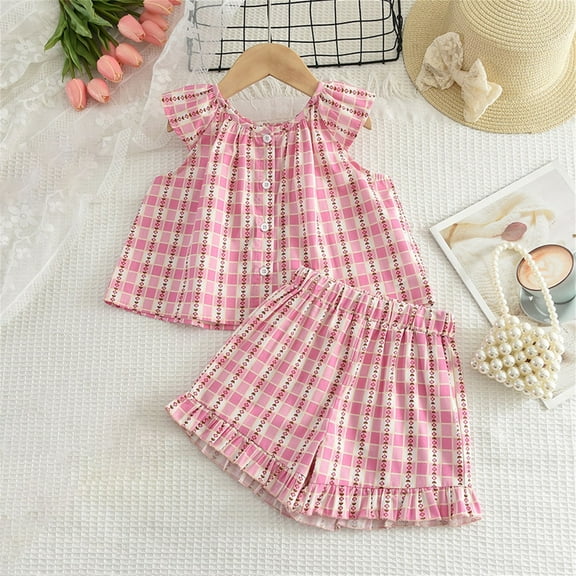 NAISIBABY Girl's Sets 2-Piece, Fashion Graphic Pleated Sleeveless Tops and Ruffles Shorts Summer Cute Outfits Clothes Pink 3-4T