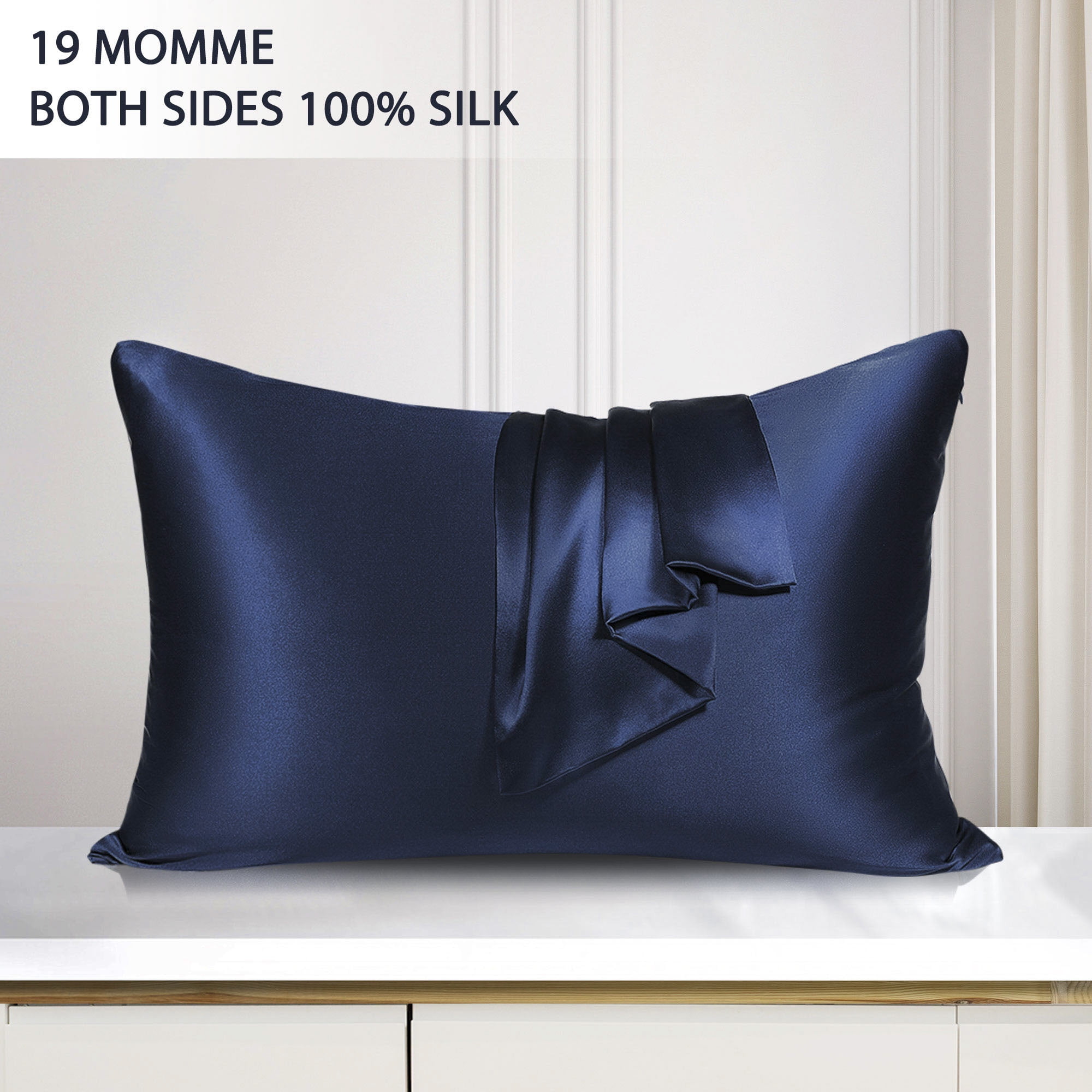 Unique Bargains 19 Momme Silk Pillowcase with Zipper 1 Pc Navy Blue 20" x 30"