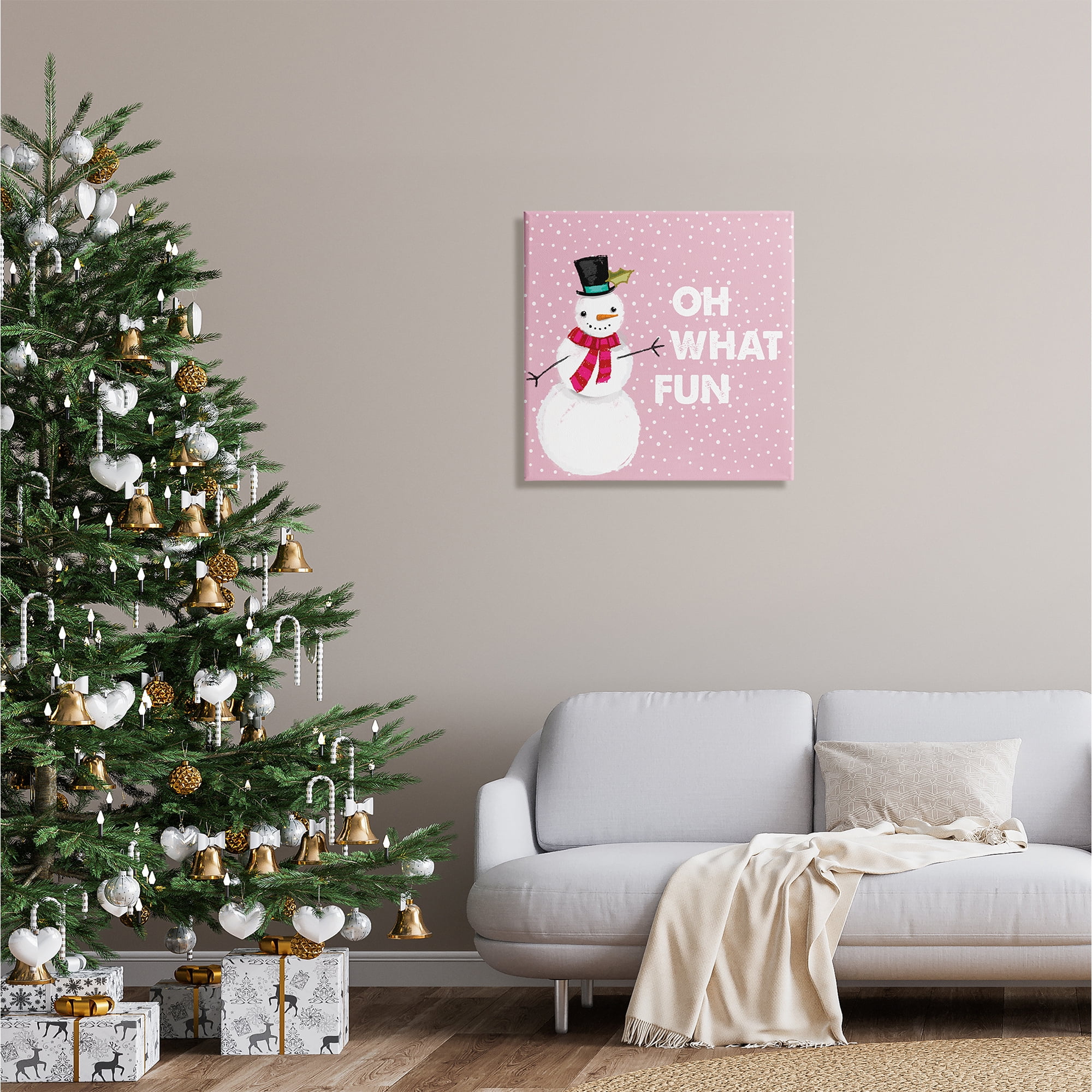Stupell Industries Oh What Fun Pink Snowman Holiday Painting Gallery Wrapped Canvas Print Wall Art, 24 x 24