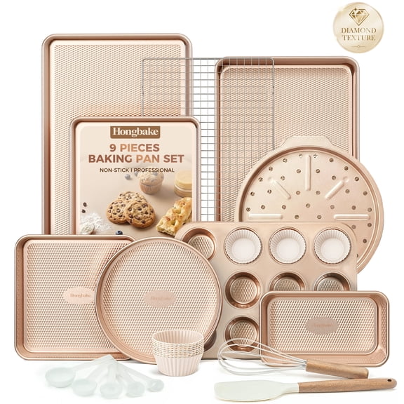 HONGBAKE 28-Piece Bakeware Set, Nonstick Baking Pans with Cookie Sheet & Rack, Cake Pan, Muffin Pan, Pizza Pan, Loaf Pan, Gold