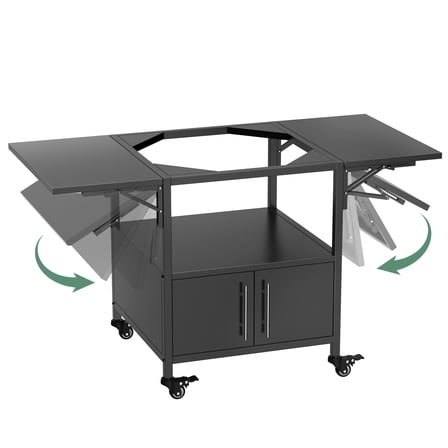 Outdoor Grill Table for Big Green Egg Style BBQ, Metal Grill Cart with 2 Folding Panels, Compatible with up to Large Green Egg, Kamado Joe Jr