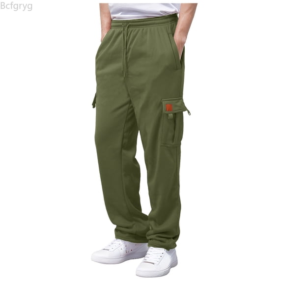 Bcfgryg Male Fitness Running Trousers Drawstring Loose Waist Solid Color Pocket Loose Fleece Sweatpants Men’s Casual Pants Green L