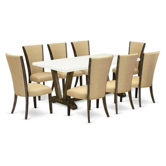 East West Furniture V-Style 9-piece Wood Dining Set in Linen White/Brown
