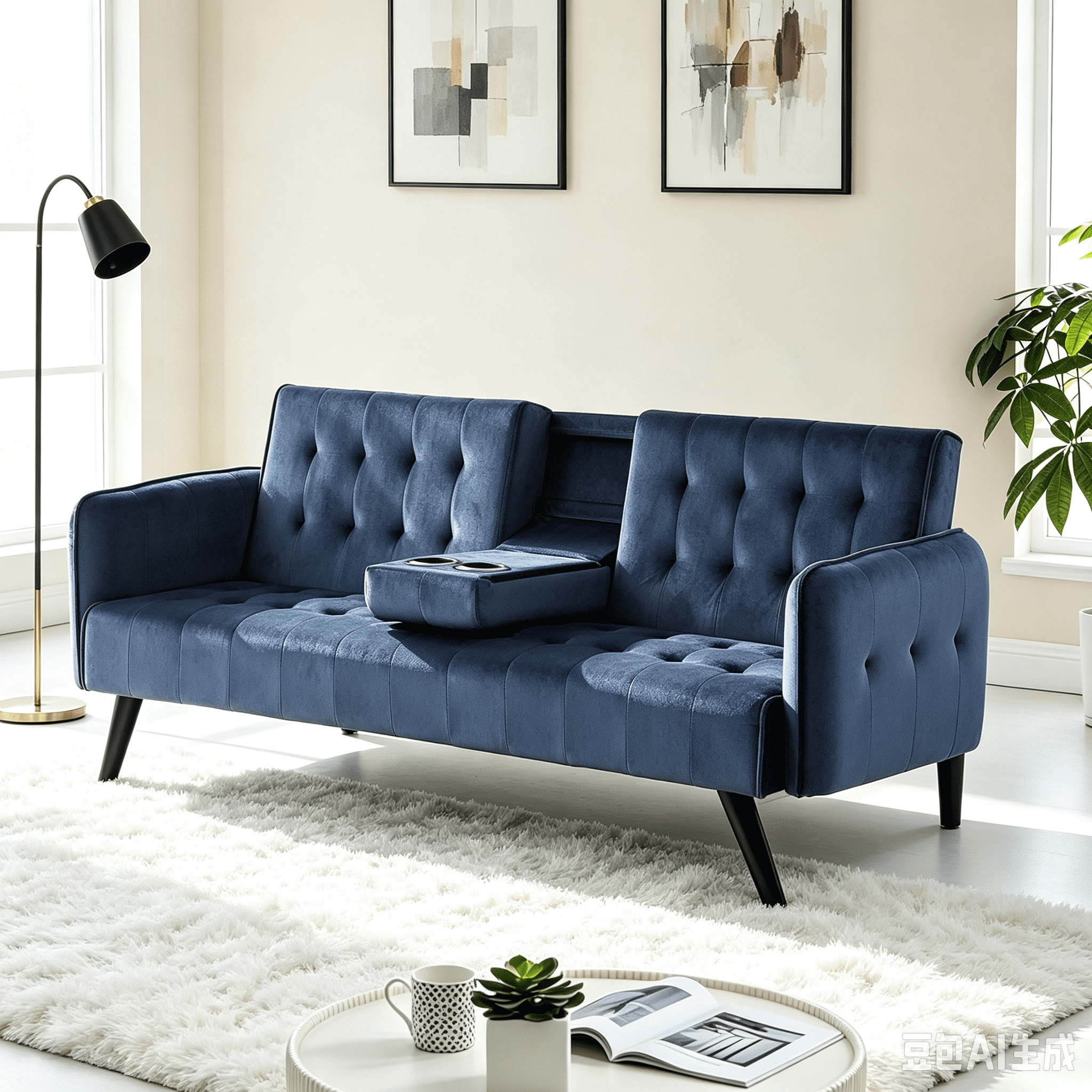 Gewnee 72" Convertible Sofa Bed,Tufted Velvet 3‑Seater Folding Futon Sleeper Couch with Cup Holders,Modern Couch for Home and Guest Room，Dark Blue