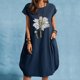 thumbnail image 2 of Vestido suelto de manga corta informal con estampado floral de algodón y lino de verano para mujer con bolsillo y cuello redondo Pompotops  ghjkhdj12082, 2 of 6