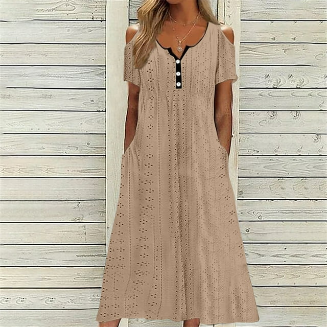 LOVZFMLL Robe d'Été pour Femmes Mode Couleur Unie avec Boutons, Poches, Manches Courtes, Col Rond, Kaki 2TG