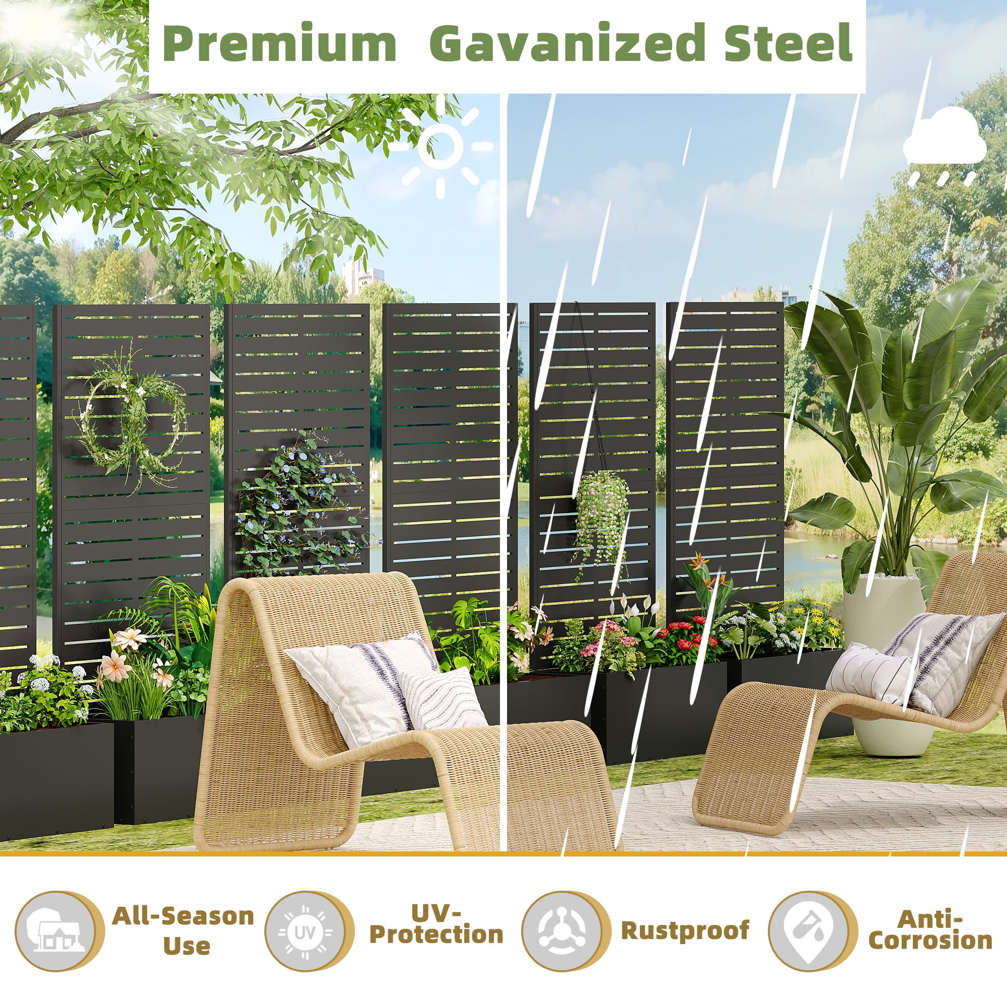 MAYEERTY 2-Set 47*24" Outdoor Black Metal Planter Box with Trellis for Climbing Plants, Louvered Panel