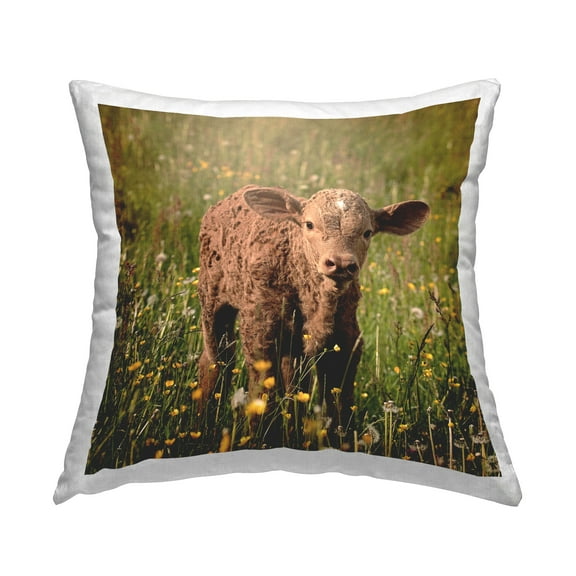 Stupell Industries Baby Calf Cow Farm Flower Meadow Design by Daphne Polselli Throw Pillow