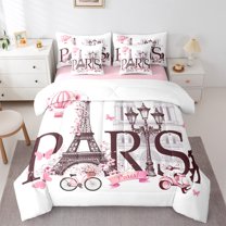 Manfei Female Men Eiffel Tower Twin Bedding Sets 7-Piece,Romantic Paris Bedding Comforter Set Microfiber,Happy Valentine's Day Breathable Sheet Sets,Luxury Bedroom Decor,Reversible