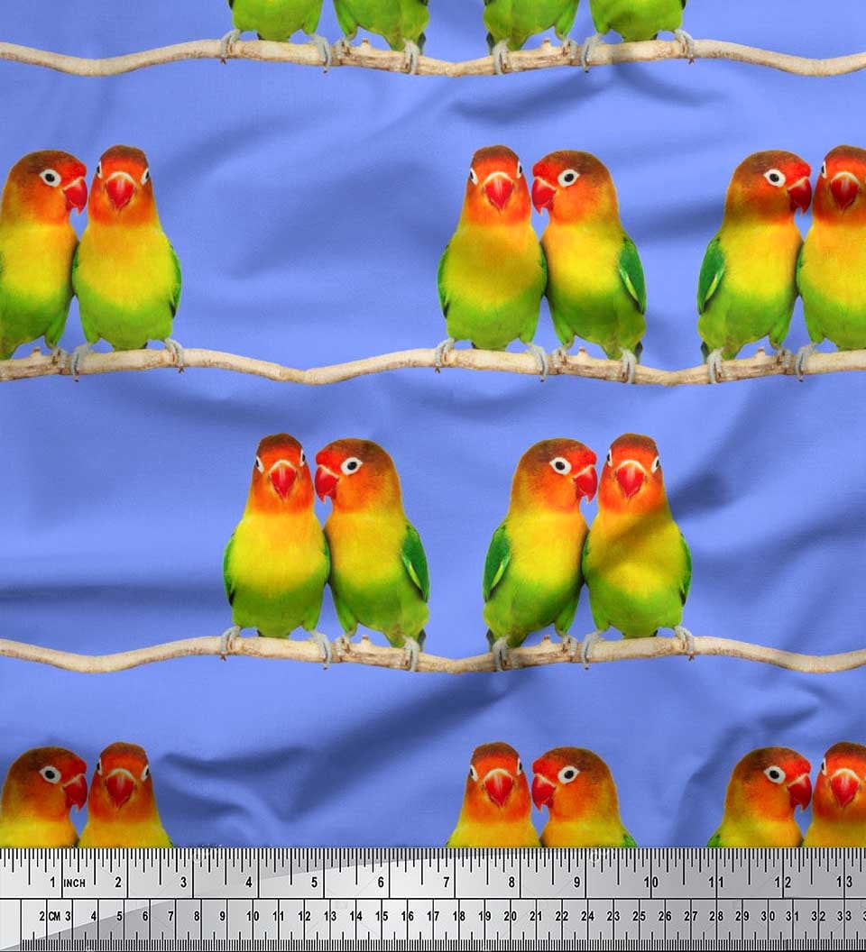 Soimoi Cotton Cambric Fabric Branch & Colorful Parrot Bird Fabric